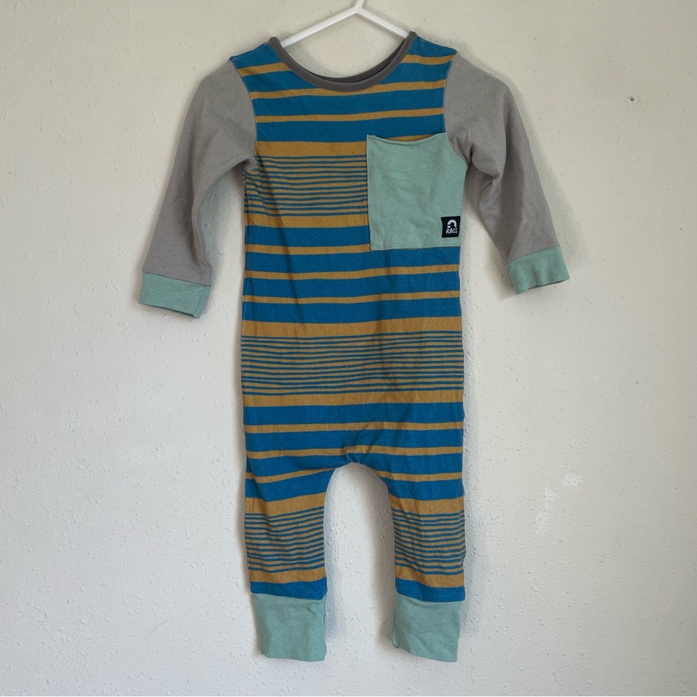 Rags to Raches Blue and Tan Striped Romper